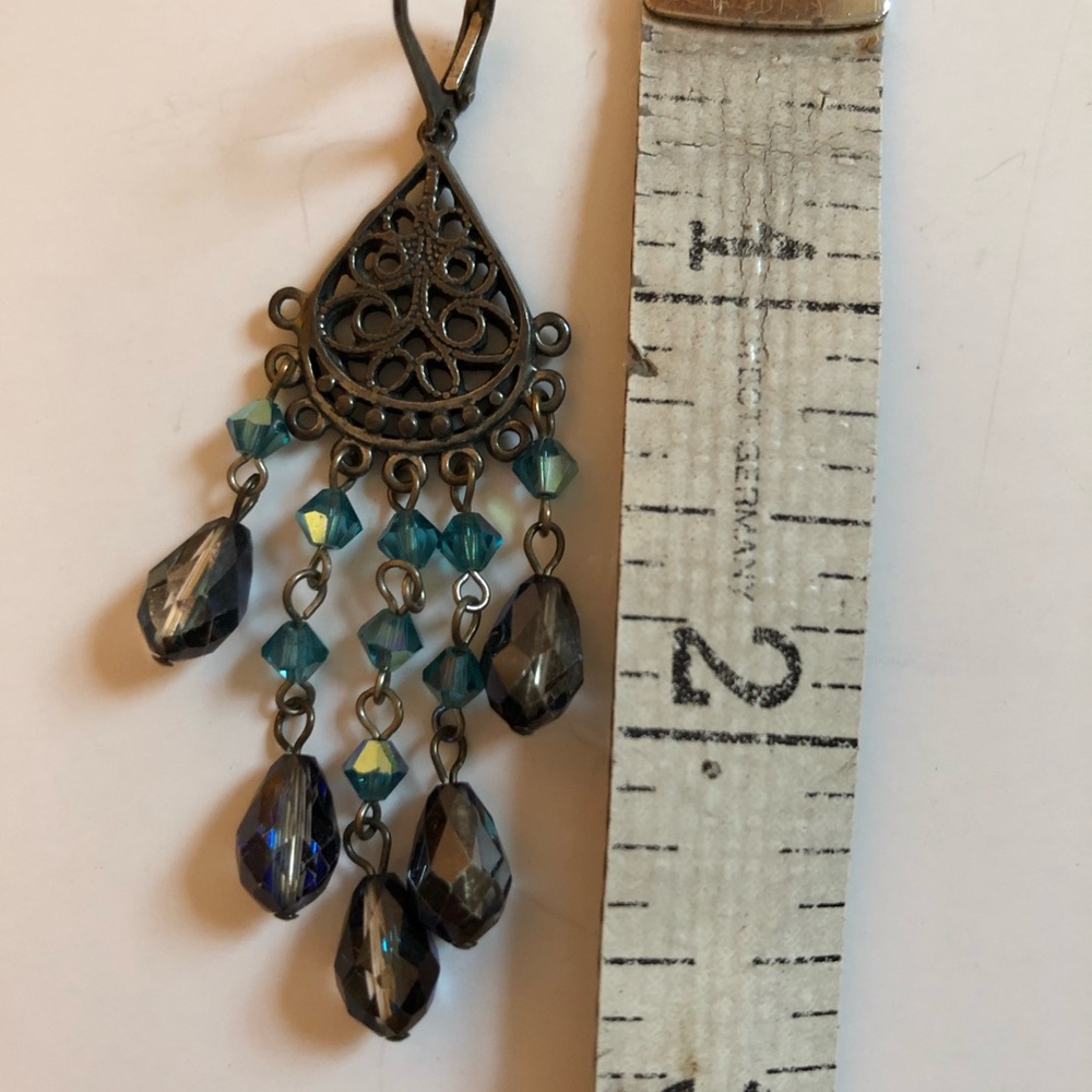 Handmade Sterling silver boho earrings w/ Swarovski crystals in charcoal & aqua - Picture 9 of 11